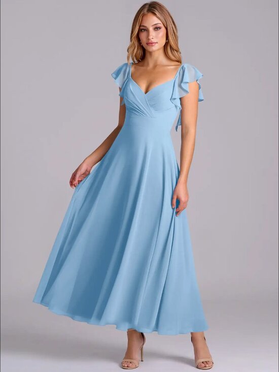 Azazie Dresses & Skirts - Azazie Leilani Powder Blue A-Line Ruched Chiffon Dress Size 8